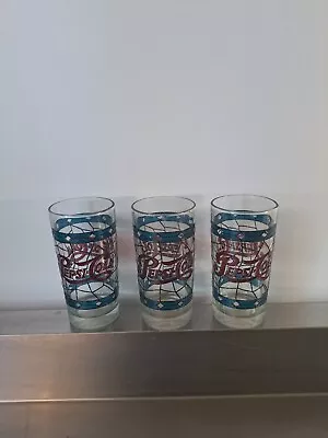 Lot (3) 6.25  Vtg Pepsi Cola Drinking Glasses Tiffany Style Stained Glass Design • $16.79