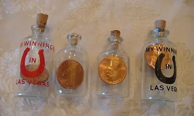 Lot 4 Pennies In A Miniature Glass Bottle ~ Las Vegas ~ 1977 - 1981 • $11