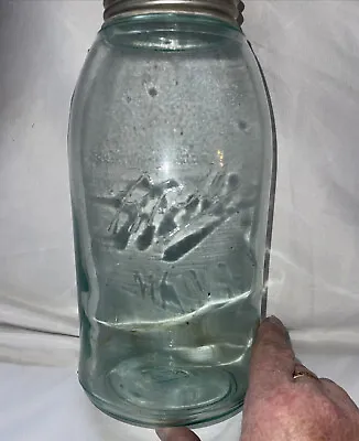 Vintage Ball Jar 1/2 Gal. Aqua Side Seam 3 Dots On Bottom Air Bubbles • $9.99