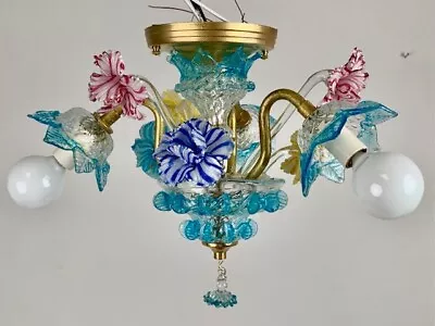 Flush Mount 3 Light Murano Glass Flowered Fixture • $300