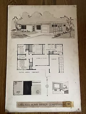 Vintage MCM Blueprint Floor Plan Chicago Home Design Competition 1950’s 1960’s • $59