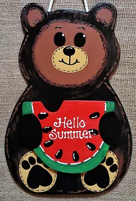 BEAR Hello Summer SIGN Camp Campsite Tent Camper Cabin Wall Hanger Plaque Wood  • $13