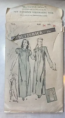 Vintage Butterick Pattern 40’s Sz 16 34 COMPLETE 3116 Long Nightgown • $5.60