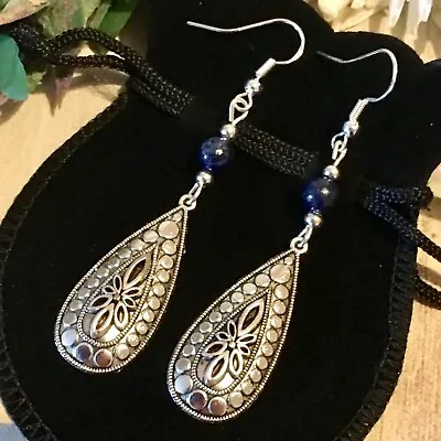 Lapis Lazuli Earrings Natural Mexican Vintage Crystal Genuine Hippy Silver Gift • £5