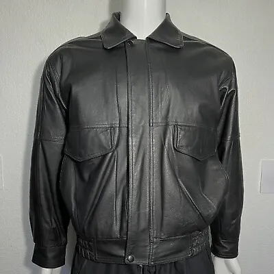 Burks Bay Black Bomber Leather Jacket Mens Sz L Zip Up Motorcycle Ride Travel • $29.99