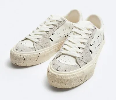 NWT Zara Men's White And Black Leather Painted Sneakers US 12 EUR 45 UK 11 • $39.99