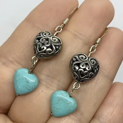 Vtg Byzantine Silver Turquoise Glass Heart Dangle Earrings Hook 2” Drop • $11.96