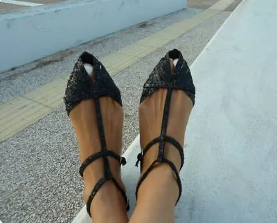  ZARA New Glitter Flat Sandals Black Ankle Strap Open Toe Rare Sold Out US 9 40 • $79.20