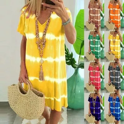 £13.49 • Buy Women Summer Holiday Dress Ladies Boho Beach Loose Tie Dye Sun Dresses Size 8-22