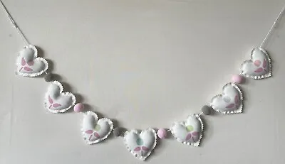 Heart Garland Bunting In Laura Ashley Cottage Sprig Pink Fabric & Felt Balls • £12.95