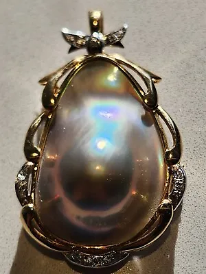 14k Solid GOLD Huge Mabe Blister Pearl 14 Genuine Diamond Pendant/ Pin Enhancer • $695.50