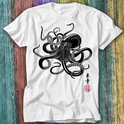Octopus Japanese Calligraphy Gyotaku Anime Manga Black White T Shirt Top Tee 282 • £6.70