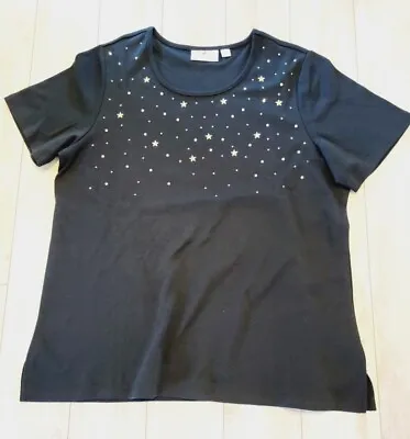 Quacker Factory L Black Gold Stars & Rhinestones Accent Top Shirt SS Beaded • $20.79