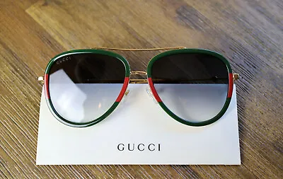 Gucci GG0062S 003 Aviator Sunglasses In Green/Red Stripe/Gold And Gray Lens • $189