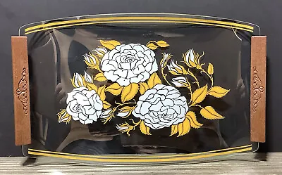 MCM Glass Teak Roses Platter Dresser Tray White Flower Gold Art Vintage Chance • $37.93