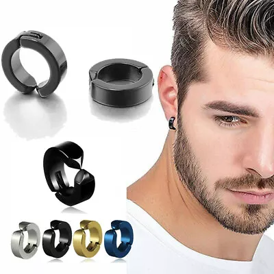 US Non-Piercing Clip On Fake Men Boy Ear Stud Cuff Hoop Earrings Stainless Steel • $5.69