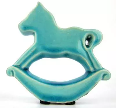 Aqua Blue Ceramic Rocking Horse Freestanding Tabletop Ornament Rubber Stoppers • £6.88