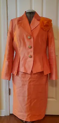 Moshita Couture 2PC Orange Rayon Polyester Formal Skirt Suit Flower Broche Sz 12 • $75