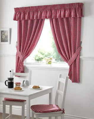 GINGHAM CHECK KITCHEN CURTAIN ~ FREE Tiebacks ~ Many Colours & Sizes • £17.99