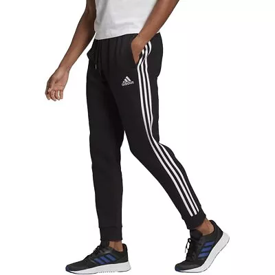 Adidas Men's Standard Essentials Fleece Tapered Cuff 3-Stripes Pants Black/Whit • $34.90