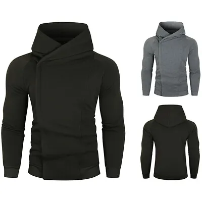 Men's Oblique Zipper Personality Casual Jacket Autumn Winter Solid Hooded Coat • $34.21