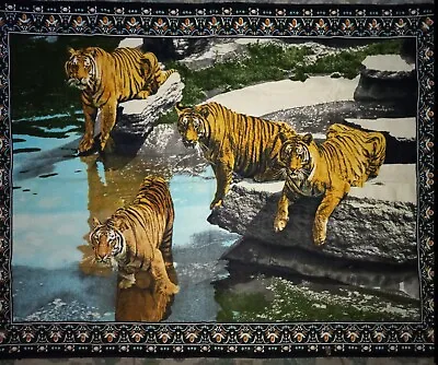 $38 • Buy Vintage 80s Jungle Cats Tigers Velvet Tapestry Wall Hanging Rug Man Cave Large 