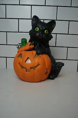 Vintage Hand Painted Ceramic Halloween Black Cat Pumpkin Jack O Lantern • $34