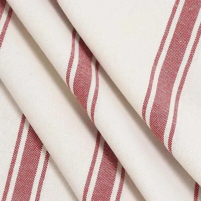 Lyon Stripe Double Width Fabric Red | Ticking | Grain Sack Style Curtains • £1.79