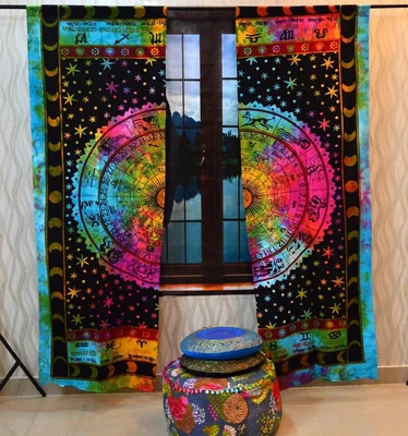 £26.39 • Buy Indian Tie Dye Astrology Curtains Cotton Hippie Tapestry Window Decor Valances