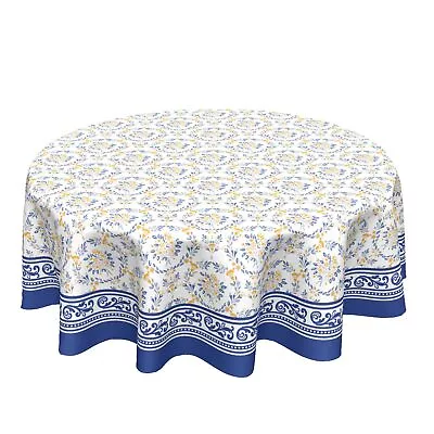 Tablecloth Round 60 Inch Spring Summer Vintage Blue Flower Yellow Floral • $26.92