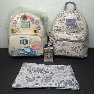 Disney Loungefly Alice In Wonderland Garden Flowers Pastel Map Mini Backpack Set • $264.90