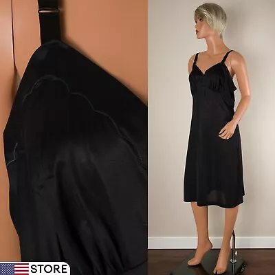 💖ROGERS Sz 40 Black Full Slip Dress Silky Nylon Tricot Embroidered Adjust Strap • $19.99