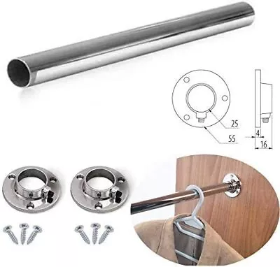 Round Rail 25mm Wardrobe Pole Hanging Tube Bar Clothes Storage Chrome + Fittings • £7.29