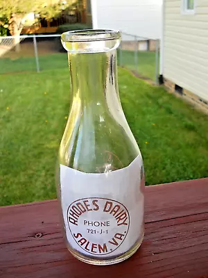 Vintage  Rhodes Dairy  Qt. Milk Bottle-SalemVA-Phone 721-J-1-Painted Label • $49.95