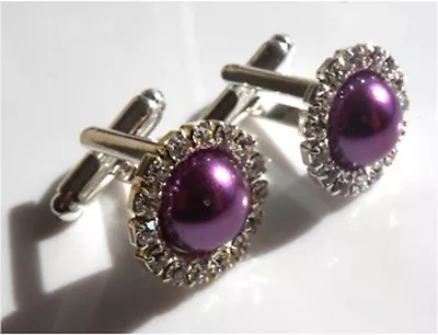 £4.99 • Buy Gorgeous Handmade Pearl  Purple Diamante Cufflinks + Free Gift Bag + Free P&p