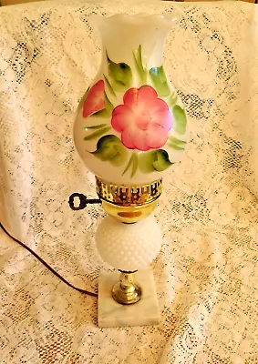 Vintage Hand Painted Milk Glass Hurricane Lamp W/ Marble Base - VGC- 15  ~ • $29.99