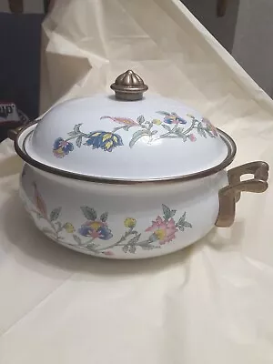 Beautiful Vintage French Brass And Enamel Pan With Lid • $19.99