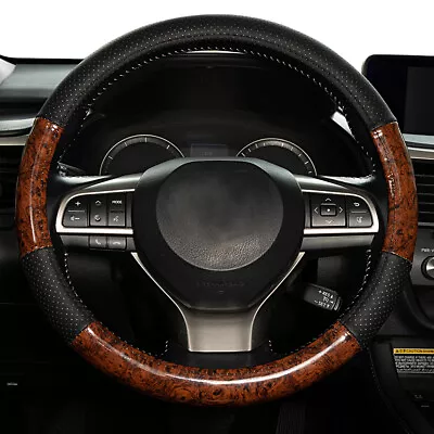 15''  Car Steering Wheel Cover Wood Grain Black Leather Breathable Non-slip • $16.14