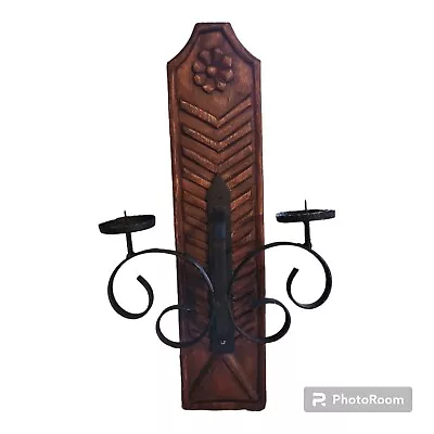 Vintage Rustic Wood And Wrought Iron Wall Candleholder Sconce  • $34.99