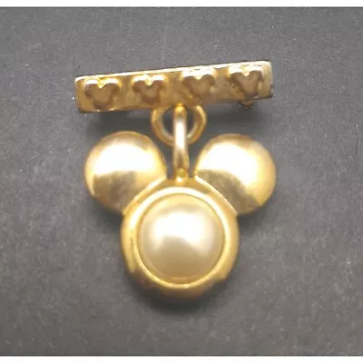 Vintage Disney Mickey Mouse Brooch Pin Faux Pearl Gold Tone Dangling Bar • $7.46