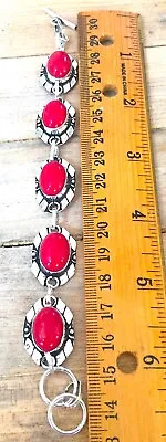 Classic Vintage Estate Sale Silver Plated Genuine Red Coral Gemstones Bracelet • $19.99