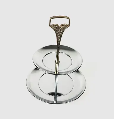 Two Tier Dessert Serving Tray Round With Brass Colored Handle & Chrome Trays • $14.50