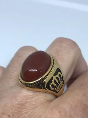 Vintage Golden Stainless Steel Genuine Carnelian Size 12 Men's Crown Ring • $44