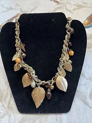Vintage Gold & Autumn Colored Bead Leaf Design Chain Link Necklace • $12.77