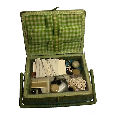 Vintage Seeing Box With Sewing Items Green With Handle • $34.95