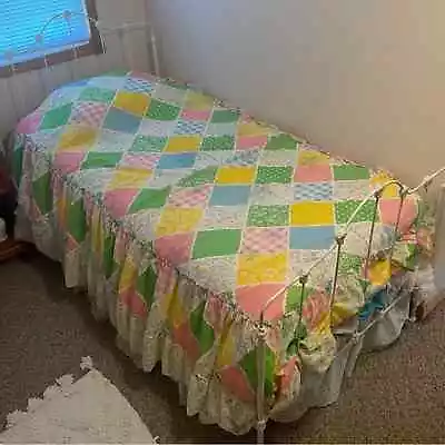 Vintage 70s Pastel Faux Patchwork Calico Floral Ruffle TWIN Bed Cover Bedspread • $300