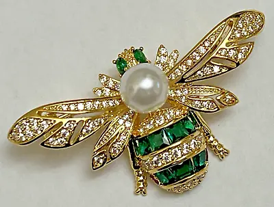 Vintage Green Bee Rhinestone Brooch Pin Crystal Clear Glass Gold Tone Insect Bug • $18.69