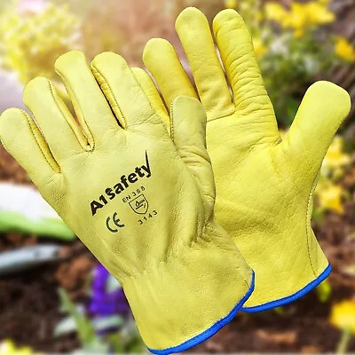 Yellow Leather Gardening Gloves Thorn Proof Mens Womens Protective Driver Work • £5.45