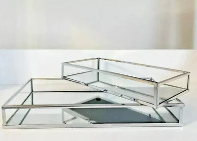 Set Of 2 Rectangle Silver Mirror Trays Vanity Perfume Makeup Candle Tray Plate • £14.70