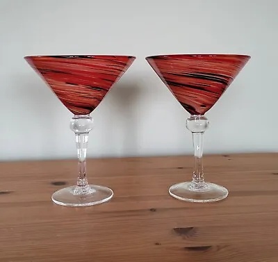 2 X Handblown Martini Cocktail Glasses Retro Vibrant Art Glass • £19.99